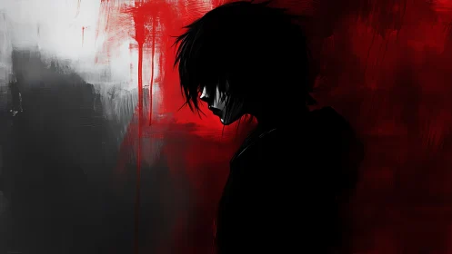 Brooding silhouette boy against bold red and gray hues.