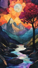 Sunlit mountain river under a radiant stained glass sky.