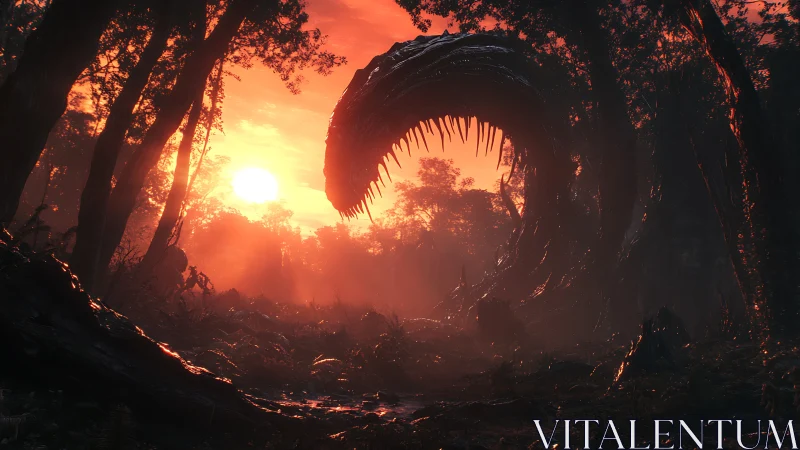 Colossal serpentine maw dominates burning jungle sunset