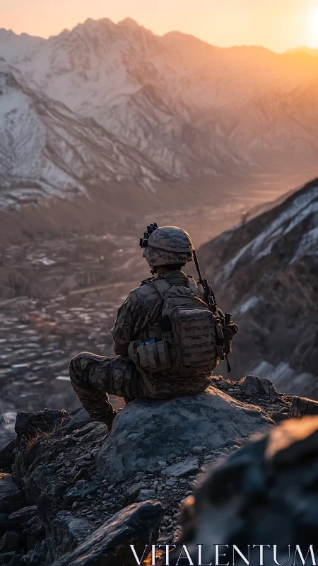 Solitary soldier greeting sunrise above winter-sharp peaks.