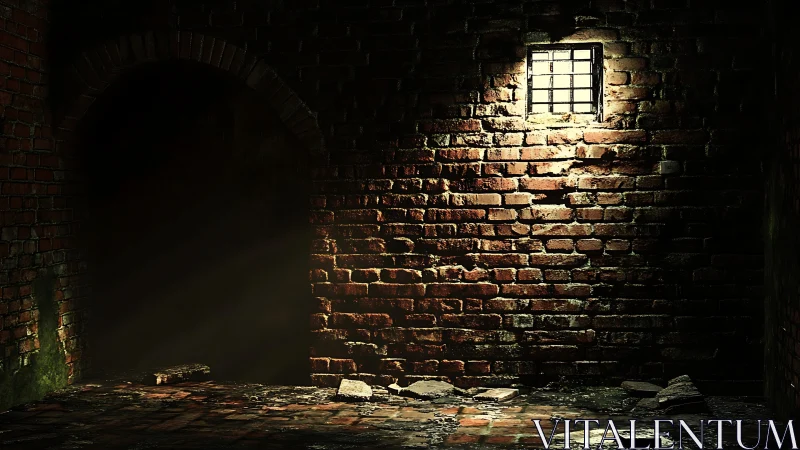Old brick alley wall under single barred window light