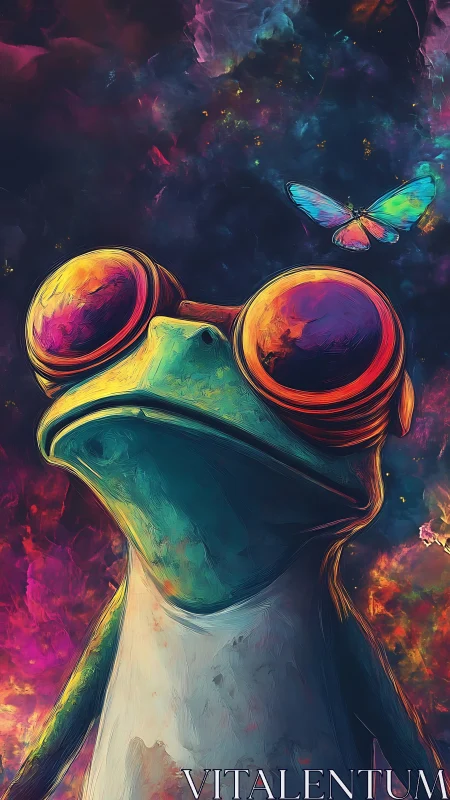 Colorful frog portrait with large goggles and butterfly.