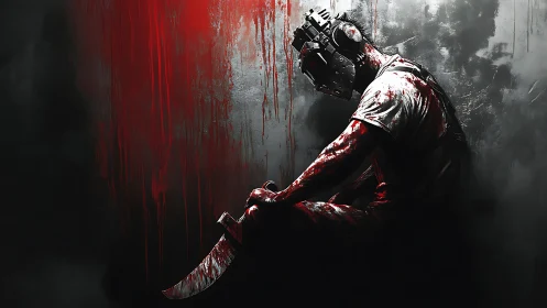 Brooding masked figure with bloodstained blade in shadowed room.