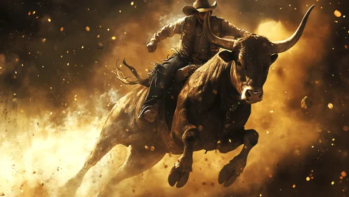 Bull rider moves forward through dense airborne dust cloud