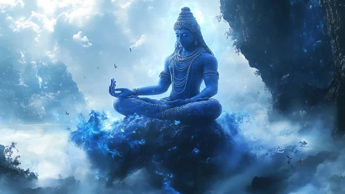 Blue meditative deity over glowing celestial clouds.
