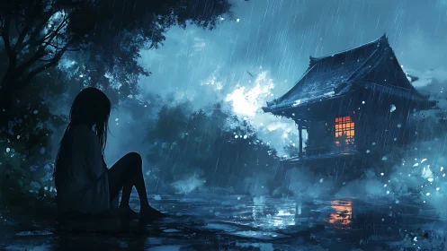 Solitary figure watches stormlit shrine across flooded ground