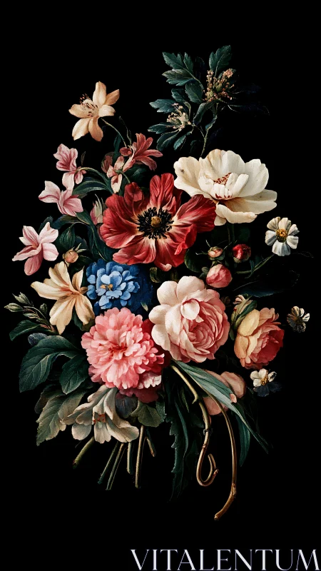 Baroque Floral Arrangement with Mixed Blooms on Black.
