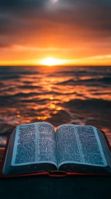 Open scripture against defocused maritime sunset horizon field.