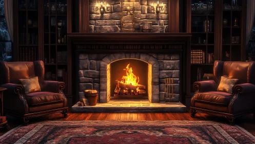 Fireside Sanctuary Where Leather Wingbacks Court the Crackling Flames