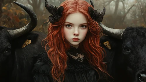 Cranial symmetry study of red‑haired girl flanked by bulls.