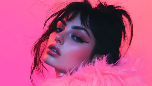 Portrait captures neon-lit woman in pink feathered collar