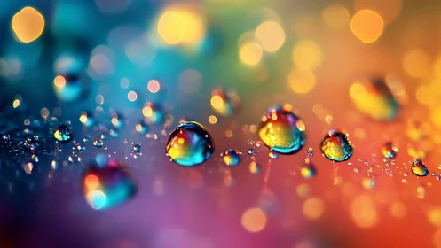 Iridescent water droplets on chromatic bokeh surface.