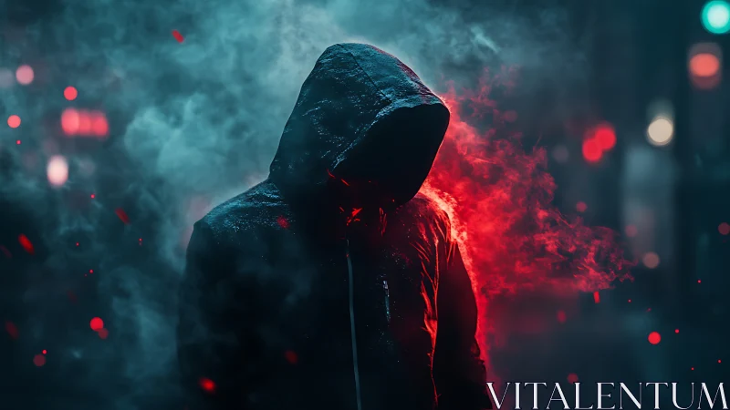 Hooded phantom walks through neon embers and electric fog
