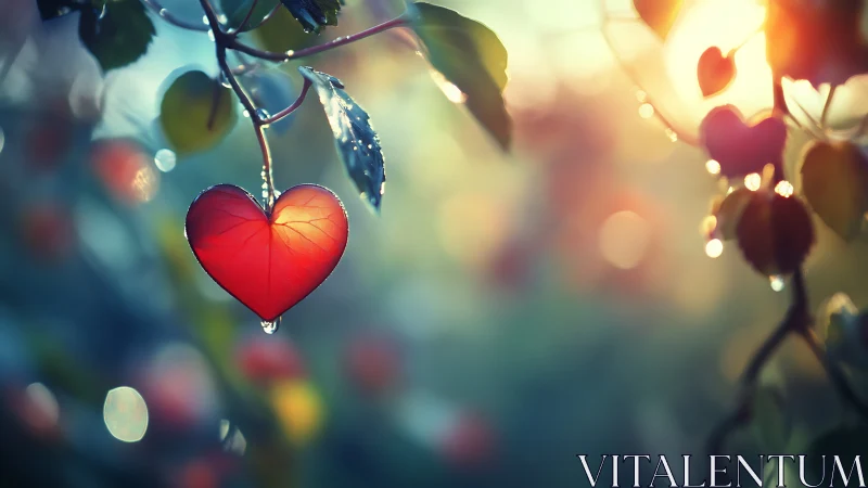 Heart-shaped fruit with water droplet in soft-focus garden.