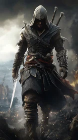 Hooded rogue in layered leather armor strides through burning coast