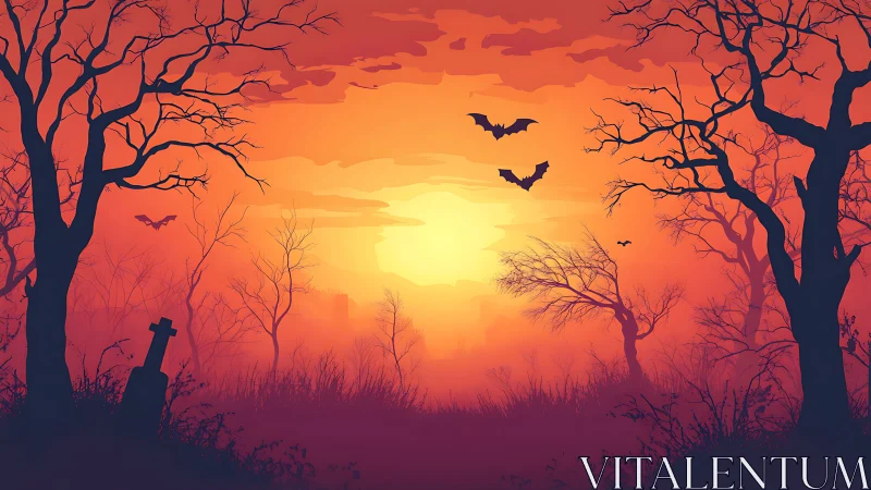 Dead trees and bats surround bright sunset over graveyard