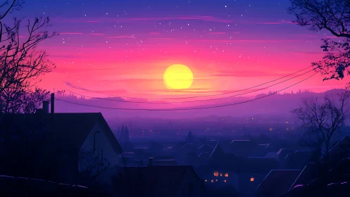 Twilight hillside settlement under saturated spectral sunset glow.