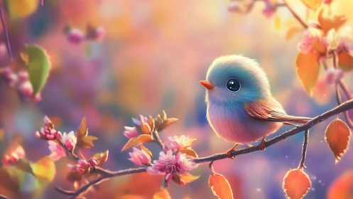 Small bird perched on flowering branch in warm light.