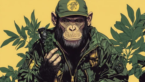 Chimpanzee in tactical jacket holding radio in foliage.