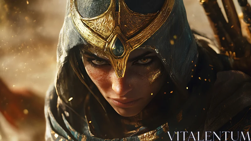 Hooded desert huntress with golden crown and embers gaze.