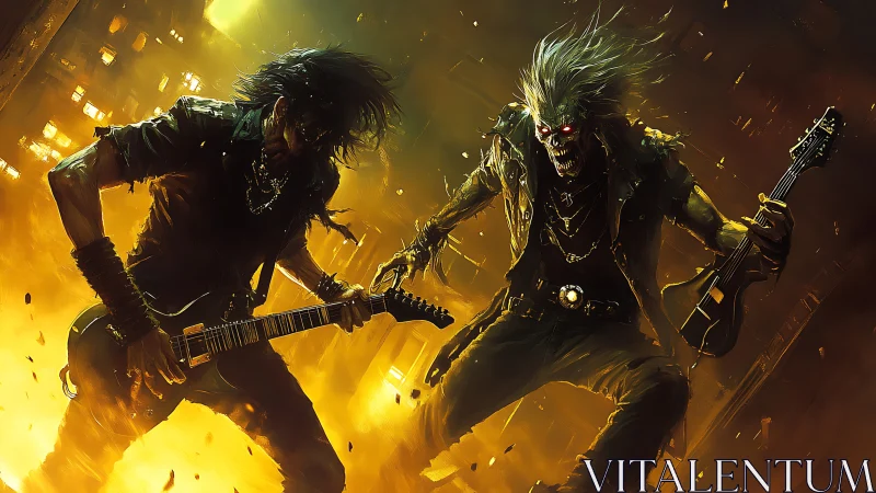 Blazing rock guitarist duels a wild skeletal metal spirit