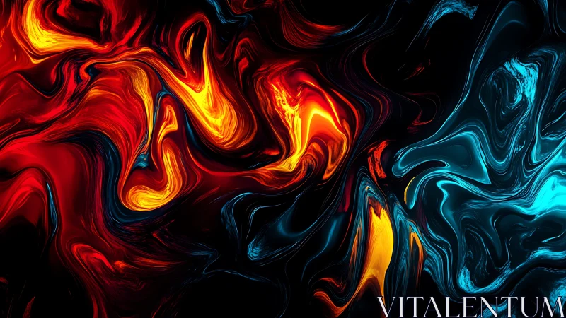 Molten red and blue waves collide in luminous abstraction.