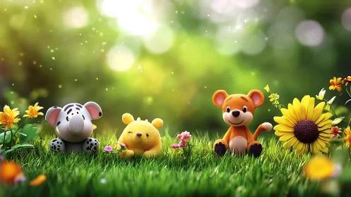 Cute plush animal toys sitting in bright garden grass.