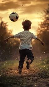 Boy runs toward soccer ball on wet path at sunset
