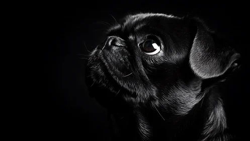 Black pug portrait in dramatic side light on dark backdrop.