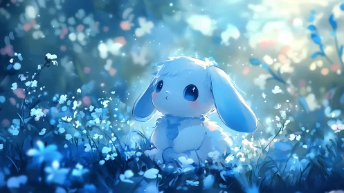 Blue meadow rabbit glows under dreamy spring light.