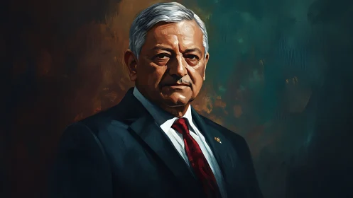 Distinguished elder statesman in formal suit, painterly portrait.