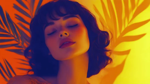 Sunlit portrait with tropical leaf shadows and warm glow.