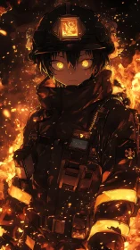 Anime firefighter in glowing gear surrounded by intense flames.