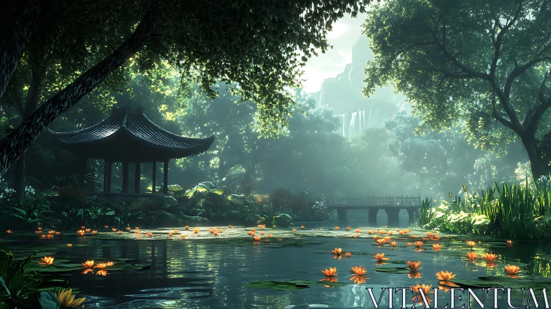 Tranquil lotus pond beside a quiet forest garden pavilion.