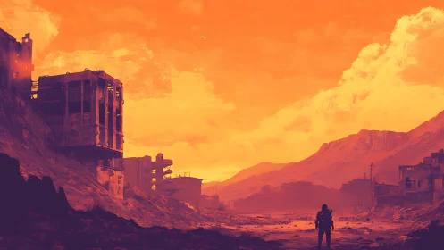 Solitary armored figure surveys post-apocalyptic ruins at orange dusk