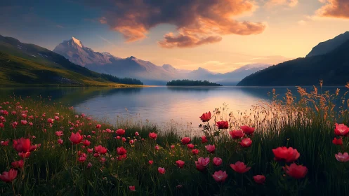 Sunset-lit alpine lake with foreground wildflowers and receding peaks