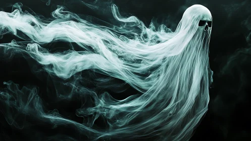 Ethereal ghost drifts through swirling emerald mist.