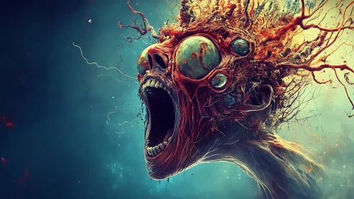 Mutated screaming head with bio-organic tendrils and nodules.