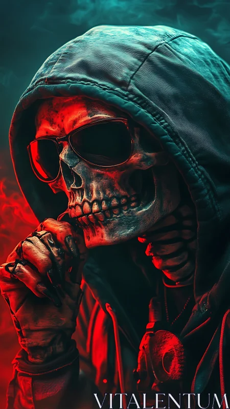Hooded skeleton in sunglasses lit by red and teal smoke.