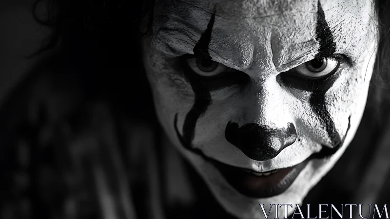 Close-up human face with cracked clown makeup and glare