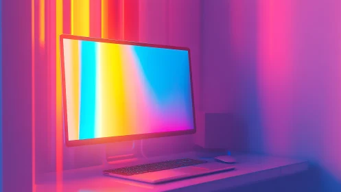 Colorful desktop glow brightens a cozy creative workspace.