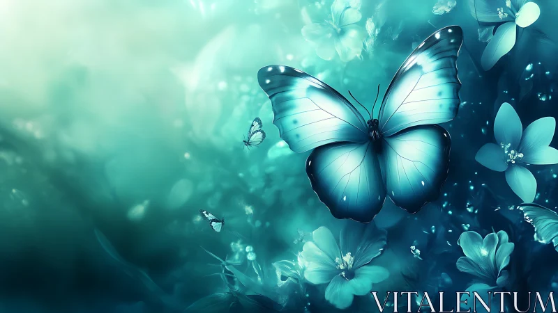 Dreamy teal butterfly drifting through glowing garden skies.