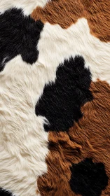 Tricolor cowhide closeup with irregular fur patches.