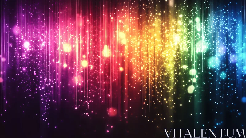 Rainbow light streaks with glowing bokeh particles cascade.