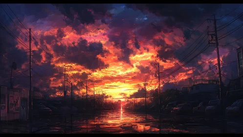 Neon storm sunset ignites quiet urban street horizon.