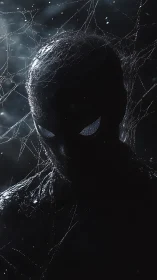 Shadowed webbed guardian with glowing eyes in the dark.