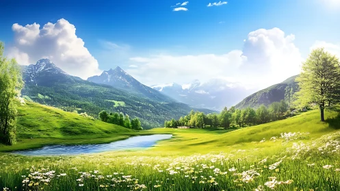 Sunlit alpine meadow unfolds beneath snowy mountain peaks.