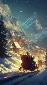 Santa sleighs pass snowy village under glowing mountain.