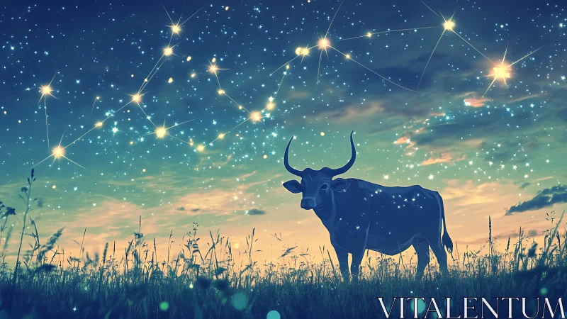 Taurus constellation alignment above silhouetted bull at dusk