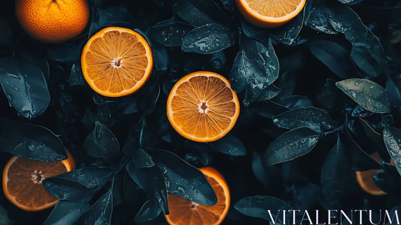 Orange slices on dark wet foliage in overhead composition.